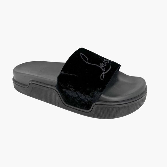 Christian Louboutin 'Navy Pool' Slide Sandals Size 37 US 7 Black Velvet Logo 33 - Picture 9 of 12